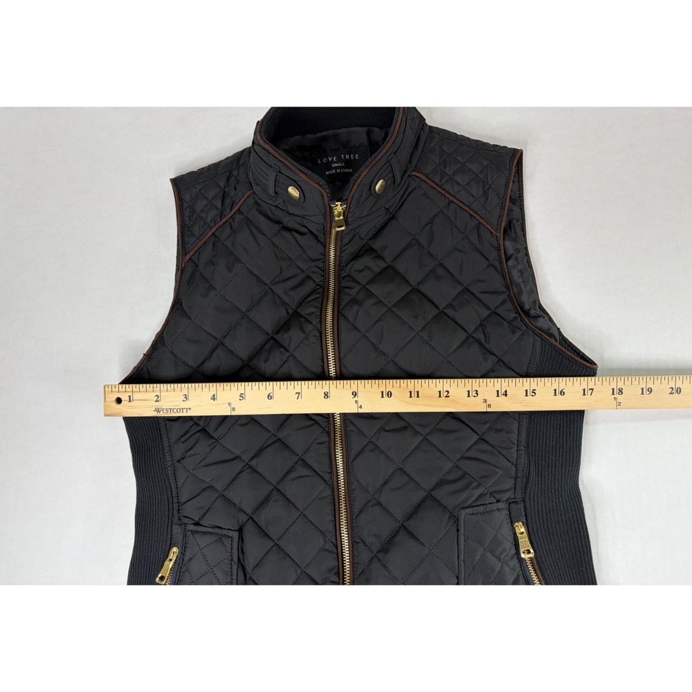 Love Tree Womens Quilted Puffer Vest Black Gold Zip Brown Trim Small Lightweight - Picture 6 of 10